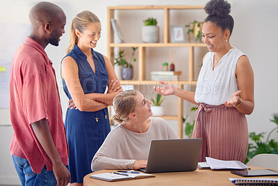 Buy stock photo Business people, startup meeting and woman with laptop in office with planning, question or teamwork. Group, diversity and support for black man, women or happiness for proposal, solution or strategy