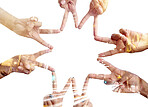 Hands peace sign, star overlay and business people together in solidarity, community support or studio team building. Collaboration, teamwork cooperation gesture or group isolated on white background