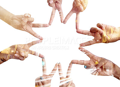 Buy stock photo Hands peace sign, star overlay and business people together in solidarity, community support or studio team building. Collaboration, teamwork cooperation gesture or group isolated on white background
