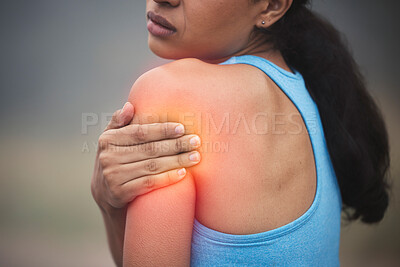 Buy stock photo Fitness, arm and woman with shoulder pain injury from workout challenge, sports performance or outdoor exercise. Medical problem, athlete training accident or hurt person with muscle strain emergency