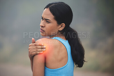 Buy stock photo Workout, arm and woman with shoulder pain injury from fitness challenge, sports performance or winter exercise. Medical problem, runner training accident or hurt person with muscle strain emergency