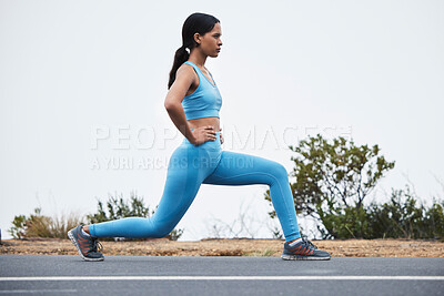 Buy stock photo Legs stretching, woman profile and runner exercise on a outdoor road with concentration. Workout warm up, running training and wellness of a young female ready for sports and marathon run in mist