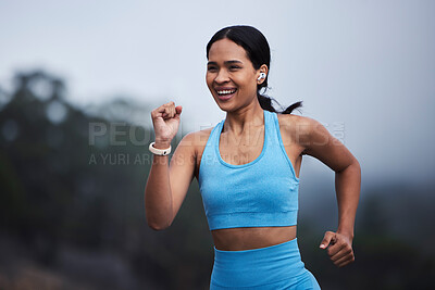 Buy stock photo Running, fitness and happy woman in nature with cardio training, exercise goals or fast challenge for progress. Sports, morning fog and runner or young person jogging and listening to music outdoor