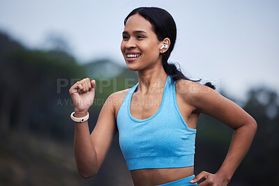 Buy stock photo Runner fitness, woman and nature fog in cardio challenge, morning exercise goals and fast energy for progress. Training, workout and happy running of person jogging and listening to music outdoor