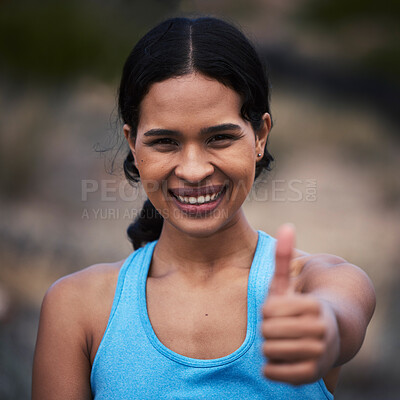 Buy stock photo Woman, portrait or happy thumbs up for fitness win, training motivation or exercise achievement in nature park. Smile, face or runner with thumb for workout vote, wellness support or sports success