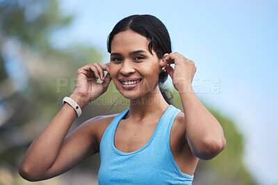Buy stock photo Fitness, woman and portrait smile with earphones for running, exercise or cardio workout in nature. Happy fit female runner smiling and listening to music on earpieces for audio track and exercising