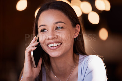 Buy stock photo Mobile phone call, communication and face of happy woman listening, talking and chat to networking contact. Discussion, smartphone or gen z person smile, speaking and on cellphone conversation