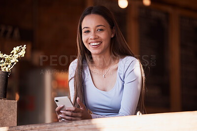Buy stock photo Woman, smartphone or smile portrait in cafe, coffee shop or restaurant for social media, internet blogging or communication. Happy, face or freelancer on mobile technology app for relax break or rest