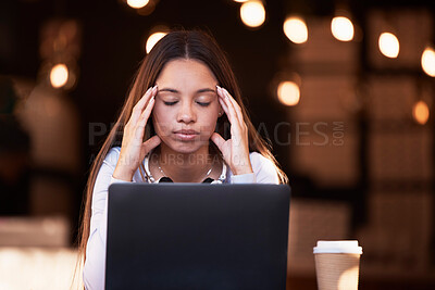 Buy stock photo Stress headache, laptop and cafe woman with burnout from university research, college project mistake or student report. Coffee shop, migraine pain and person with crisis problem at restaurant store