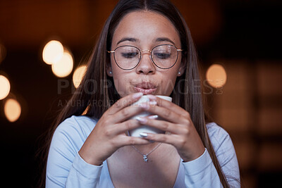 Buy stock photo Cafe, coffee and woman blow on warm tea cup, hot chocolate or espresso drink in retail shop, store or restaurant. Commerce service, relax and young thirsty person blowing cool air on latte beverage