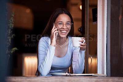 Buy stock photo Phone call communication, laugh and coffee shop woman listen to funny joke from digital contact. Comedy humor, conversation or happy person talking, speaking or chat in restaurant, shop or cafe store