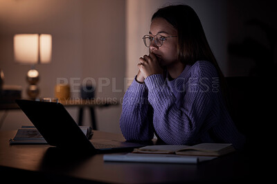 Buy stock photo Home laptop, thinking and night woman contemplating university studying research, college project or essay idea. Education learning, knowledge study and female student problem solving report crisis