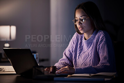 Buy stock photo Home laptop, typing and night woman, student or girl working on remote work, research project or late studying. Education, learning study and person review online report, knowledge data and focus