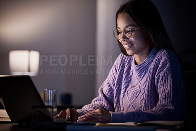 Buy stock photo Woman, happy or laptop typing in night studying, education or homework research in living room on elearning website. Smile, student or technology in dark house for knowledge or university assignment