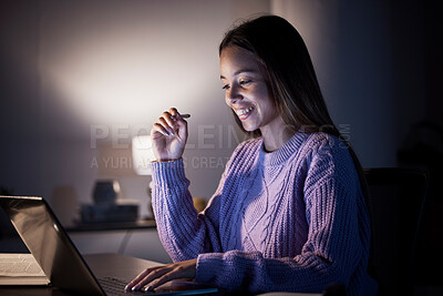 Buy stock photo Woman, happy or laptop reading in night studying, education or homework research in living room on internet elearning. Smile, student or notes planning on technology in dark house for college degree