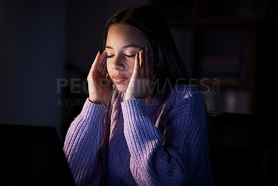 Buy stock photo Mental health, migraine headache and night woman with burnout from university research, college project or report. Education learning, female stress and home remote work student with crisis problem