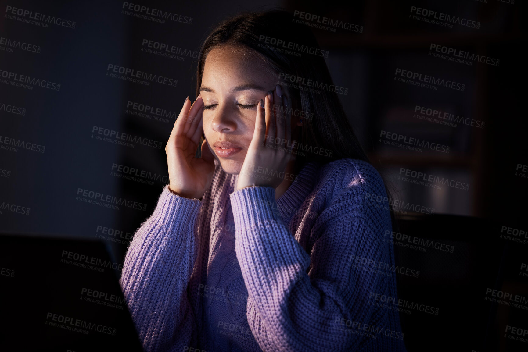Buy stock photo Mental health, migraine headache and night woman with burnout from university research, college project or report. Education learning, female stress and home remote work student with crisis problem