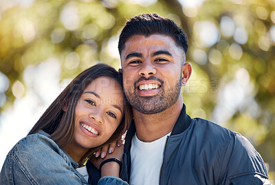 Buy stock photo Couple, portrait and outdoor with a smile for love, care and happiness together in summer. Young man and woman at nature park leaning on shoulder on a happy and romantic date or vacation to relax