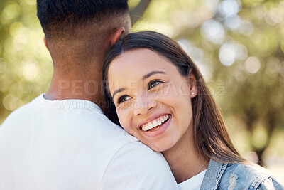 Buy stock photo Smile, hug and shoulder with couple in park for bonding, affectionate and free time. Happiness, romantic date and love with woman hugging man in nature for cuddling, summer break and relationship