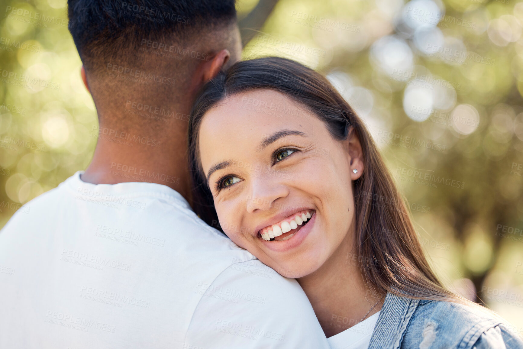 Buy stock photo Smile, hug and shoulder with couple in park for bonding, affectionate and free time. Happiness, romantic date and love with woman hugging man in nature for cuddling, summer break and relationship