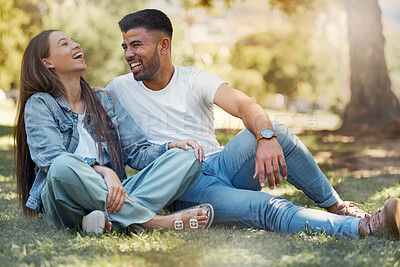 Buy stock photo Couple are happy outdoor, laughing and relax together, love and care with trust in relationship and commitment. Happiness, support and freedom with man and woman in park with romance and bonding