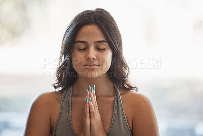 Buy stock photo Yoga meditation, prayer hands and woman in home for health, wellness and exercise. Pilates, zen chakra and calm female yogi with namaste pose for holistic training, peace and mindfulness workout.