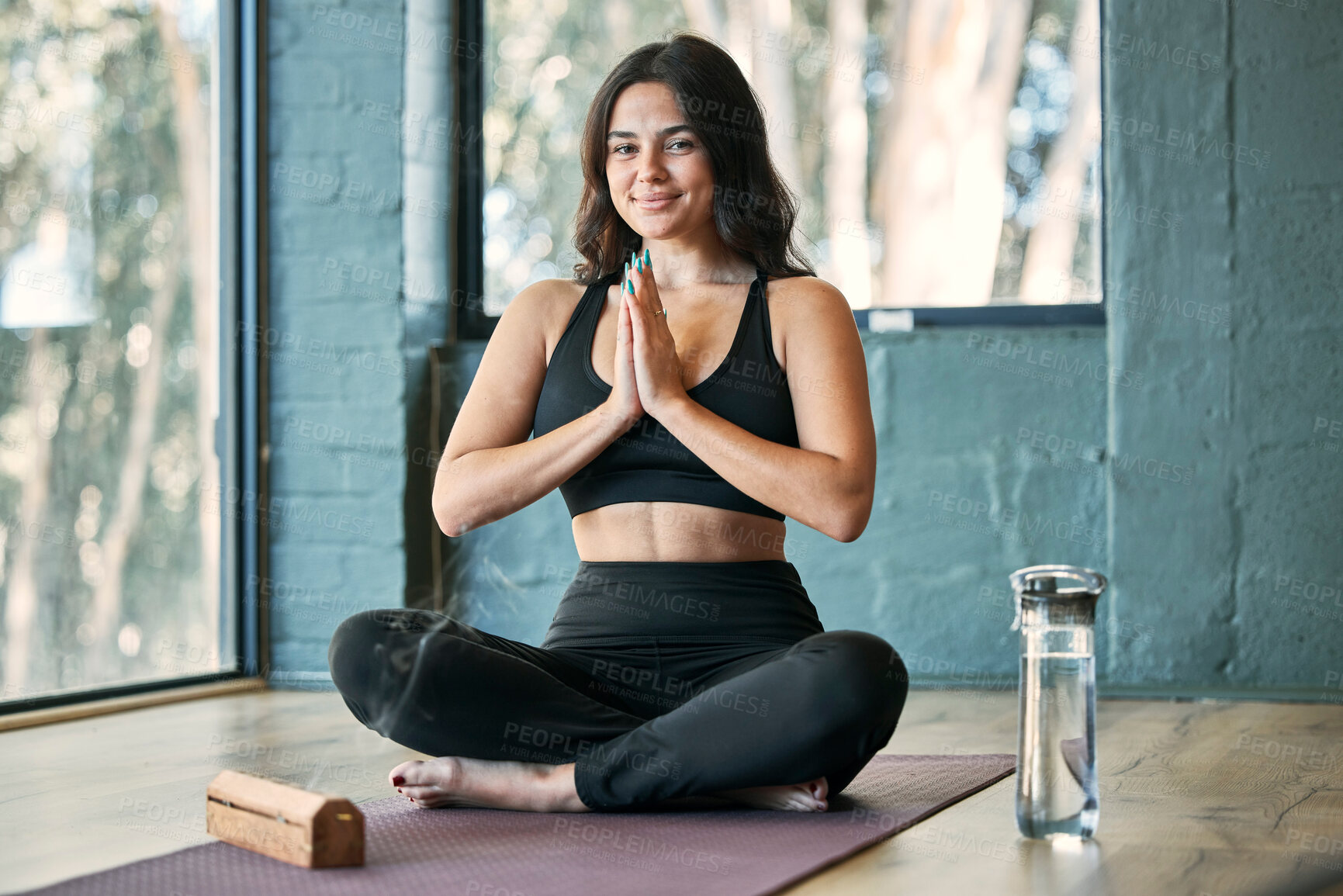 Buy stock photo Namaste, yoga and portrait smile of woman in gym for health, wellness and exercise. Pilates, meditation and happy female yogi with prayer hands for training, exercising and meditate with incense.