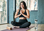 Namaste, yoga and portrait smile of woman in gym for health, wellness and exercise. Pilates, zen meditation and happy female yogi with prayer hands for training, exercising and meditate with incense.