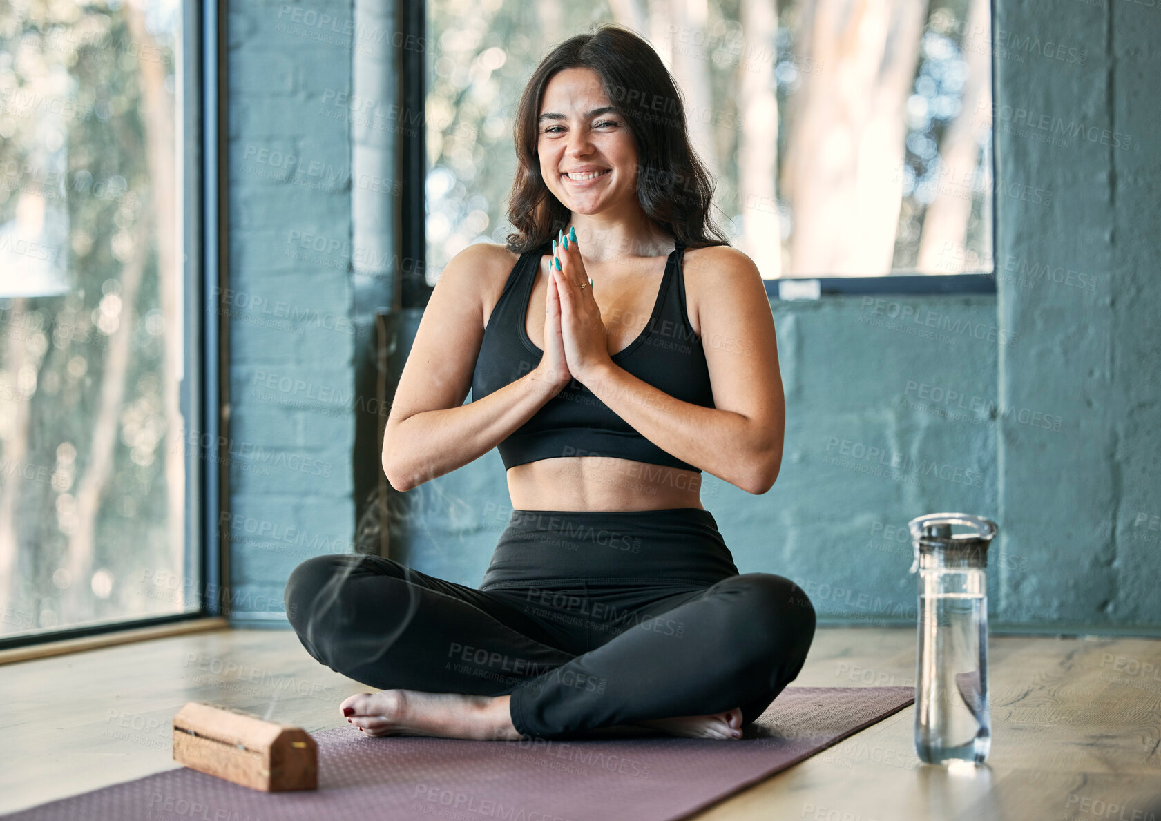 Namaste, yoga and portrait smile of woman in gym for health