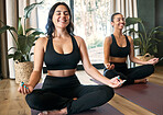 Yoga smile, lotus meditation and women in home for health, wellness or mindfulness exercise. Pilates, zen chakra and happy females, girls or friends training, holistic workout or meditate for peace.