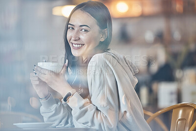 Buy stock photo Happy, cafe and portrait of a woman with a coffee, enjoying a drink and warm beverage. Smile, relax and a girl drinking a cappuccino, tea or latte at a restaurant in the morning for happiness