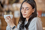 Coffee, portrait smile and woman at cafe with delicious caffeine, espresso or cappuccino. Face glasses, tea and happy female relax while holding cup, drink or mug with beverage at shop or restaurant.