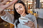 Coffee shop, selfie portrait and woman with drink, espresso or latte promotion for student lifestyle or remote work. Happy person with profile picture update or face photography in cafe or restaurant