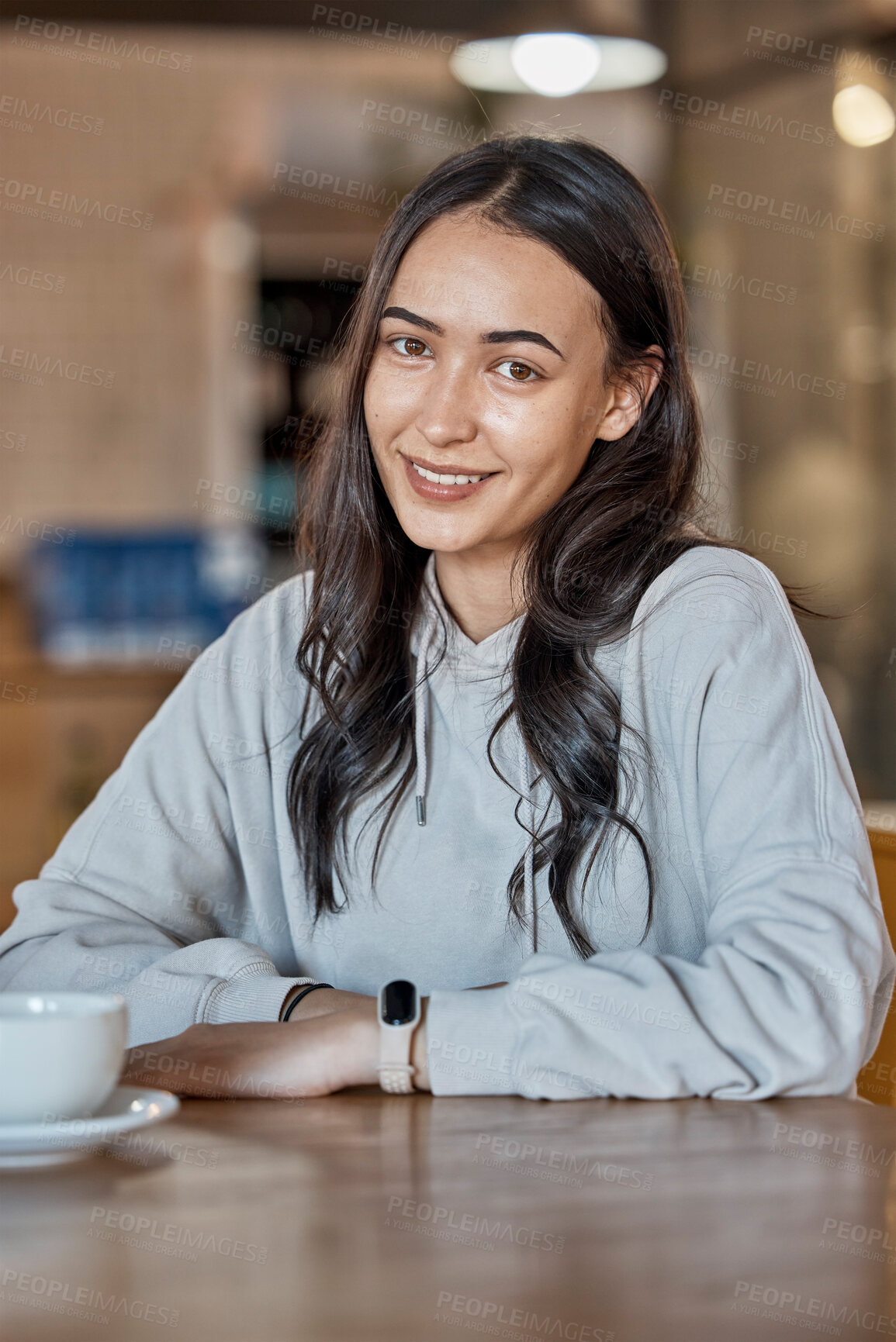 Buy stock photo Cafe, relax and portrait of woman with coffee in restaurant with hot beverage, cappuccino and latte drink. Happy, smile and face of real girl sitting by table for relaxation and happiness on weekend