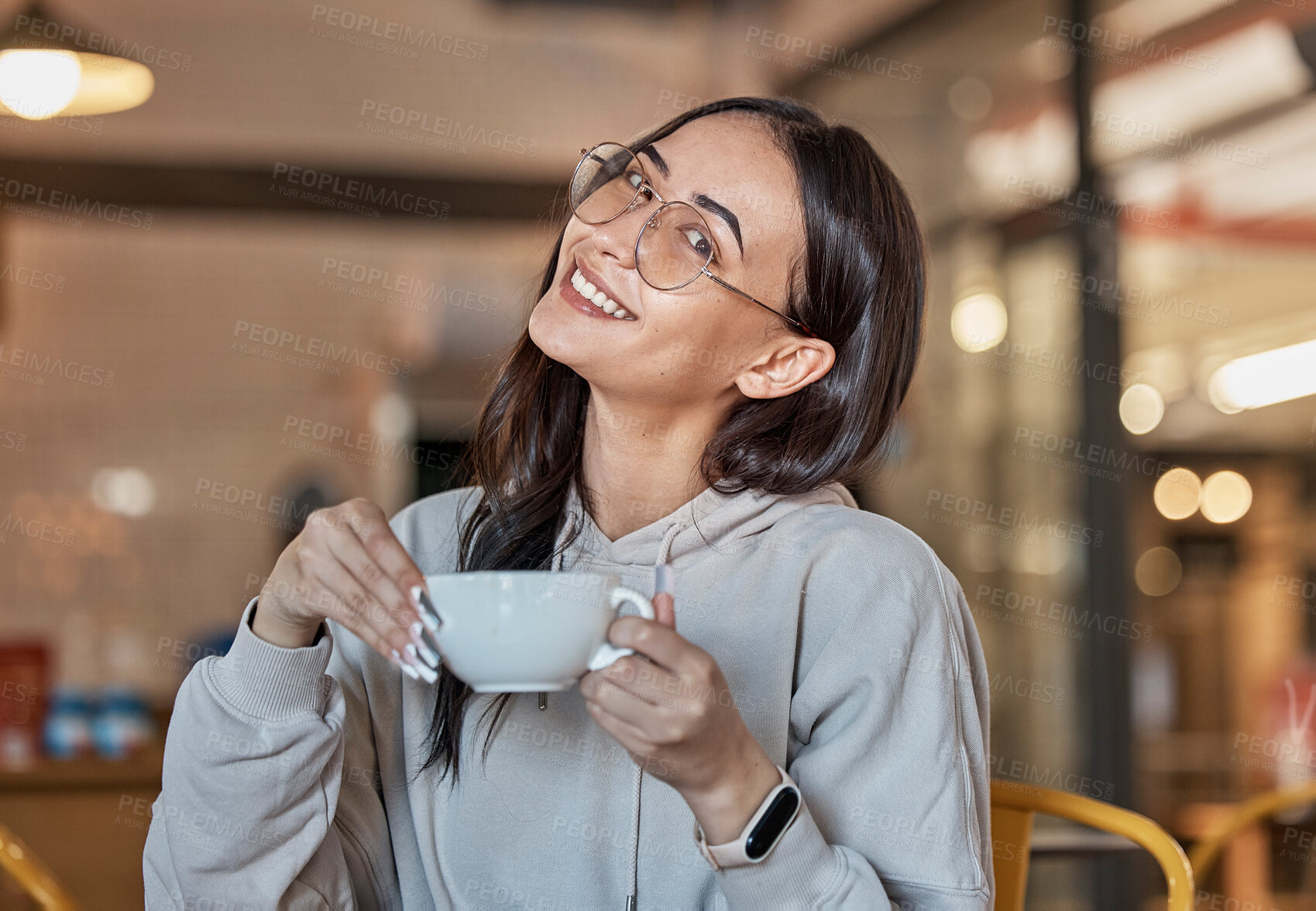 Buy stock photo Coffee shop, relax and portrait of woman with smile in restaurant for hot beverage, cappuccino and latte. Happy, cafe and face of girl sitting by table for tea break, relaxation and happiness weekend