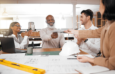 Buy stock photo Meeting success, blueprint or happy engineering team with innovation, our vision or project development. Architecture,  documents or senior manager with group of people clapping for goals in office