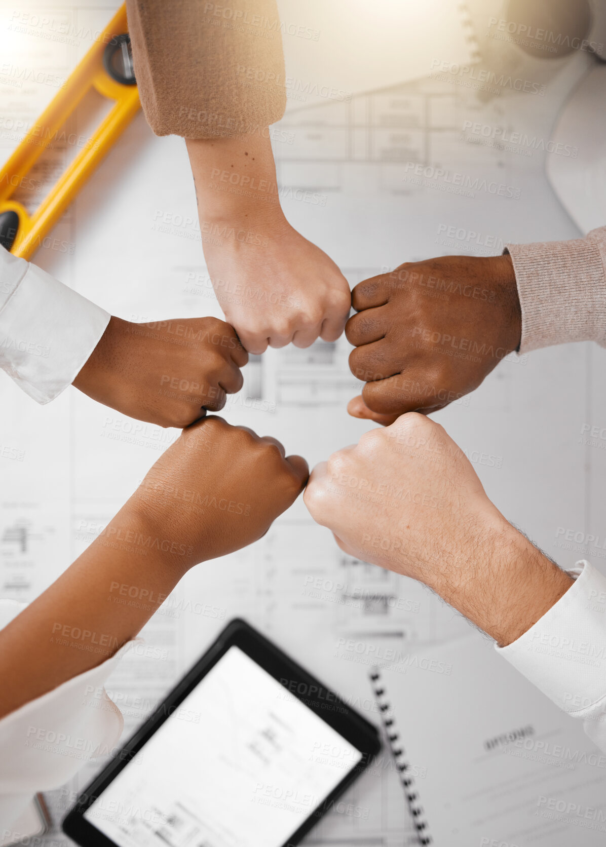 Buy stock photo Hands, diversity and business people together in solidarity for mission, architecture and collaboration. Group of men and women hand for partnership, support and team building or teamwork project