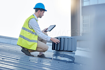 Buy stock photo Engineering, tablet and man engineer on a roof to inspect, fix or do maintenance on an outdoor fan. Technology, research and male industrial worker or handyman working with mobile device on building.