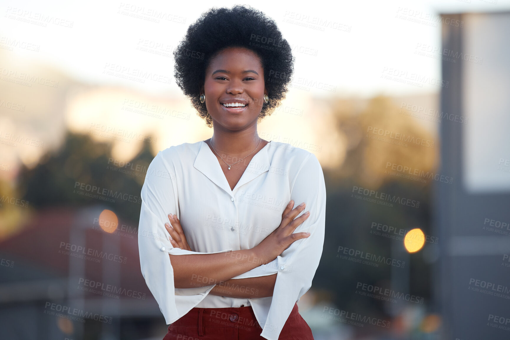 Buy stock photo Business black woman, arms crossed and portrait in street, city and smile for confidence, mindset or mission. African entrepreneur, manager or businesswoman with happiness outdoor for company success