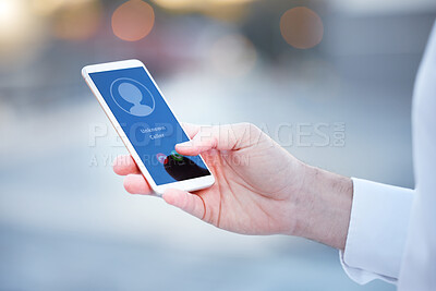 Buy stock photo Hand, smartphone and unknown call in city for woman from stranger, client or customer on network. Businesswoman, cellphone and answer anonymous caller for conversation, networking or talk in metro