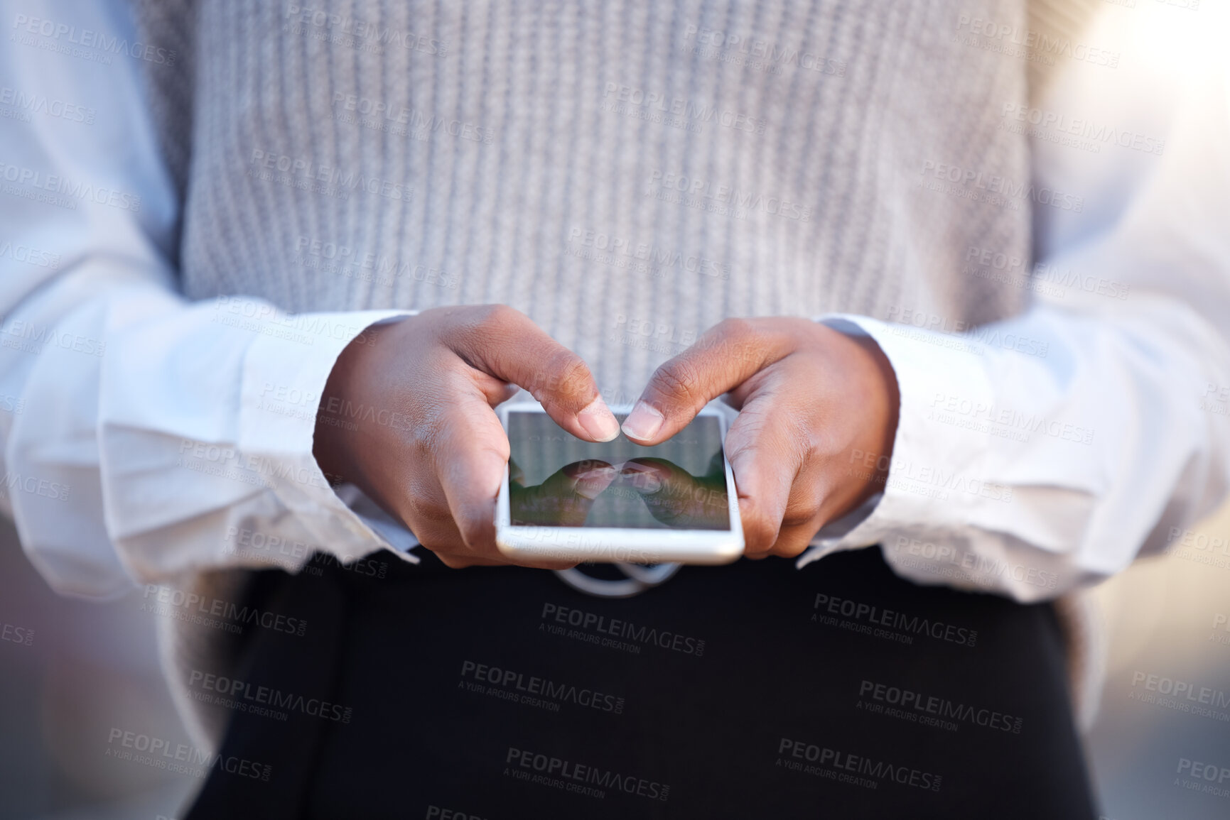 Buy stock photo Woman, hands and phone typing in communication, social media or business chat in the outdoors. Closeup hand of female employee chatting on mobile smartphone with 5G connection for networking outside