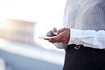 Hands, phone and texting in street for woman with communication, networking or chat outdoor. Journalist, content creator and smartphone for social network, news lead and notes on mobile app in metro