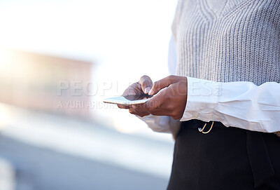 Buy stock photo Hands, phone and texting in street for woman with communication, networking or chat outdoor. Journalist, content creator and smartphone for social network, news lead and notes on mobile app in metro