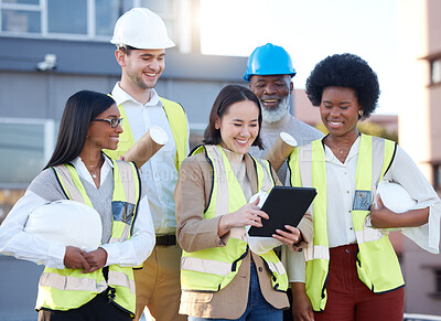 Buy stock photo Architecture, tablet and people planning, teamwork and collaboration for project management design of blueprint. Construction worker, contractor or engineering manager and team on digital technology