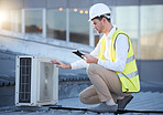 Man, tablet and air conditioning maintenance on roof with tech, digital analysis and test. Technician, mobile touchscreen and urban rooftop for ac repair at building, industry or development in city