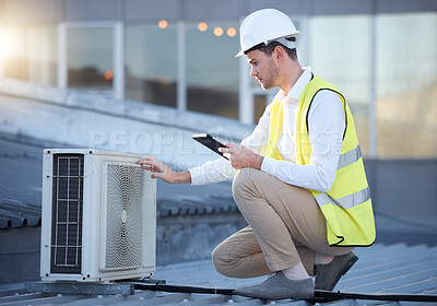 Buy stock photo Man, tablet and air conditioning maintenance on roof with tech, digital analysis and test. Technician, mobile touchscreen and urban rooftop for ac repair at building, industry or development in city