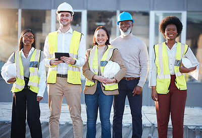 Buy stock photo Group portrait of construction worker people, engineering or contractor team for career mindset, industry and building goals. Face of diversity employees and manager, industrial builder or architect