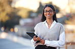 Portrait, tablet and a business woman in city during the day, ready for corporate success with mockup. Research, networking and 5g technology with a young female employee outdoor in an urban town