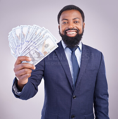 Buy stock photo Portrait, money and investment with a business black man in studio on a gray background as a lottery winner. Cash, accounting and finance with a male employee holding dollar bills for the economy