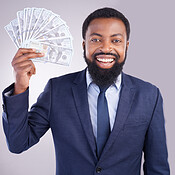 Rich, happy and portrait of a black man with money isolated on a white ...